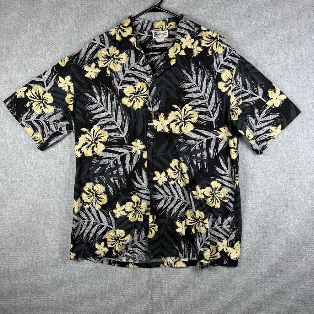 Aloha Republic Shirt Mens Size XL Hawaiian Black & Yellow Floral Made In USA